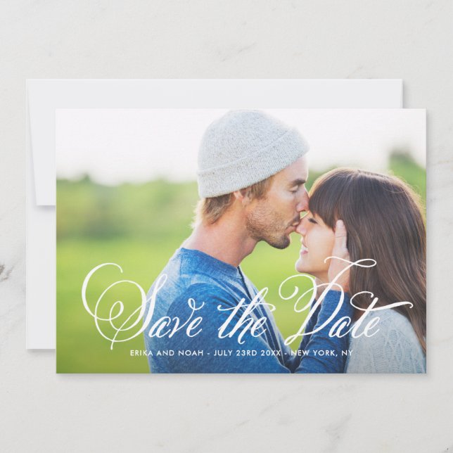 Rustic Elegant Script Photo Save the Date Card (Front)