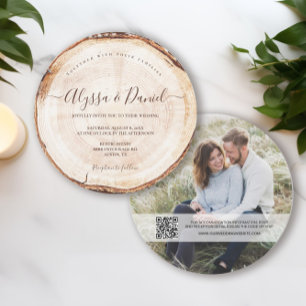 Rustic Elegant Script Wood cut Slice Custom Photo Invitation