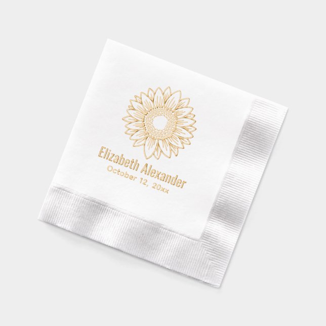 Rustic Elegant Sunflower Bloom #5 Name Date Foil Napkins (Left)