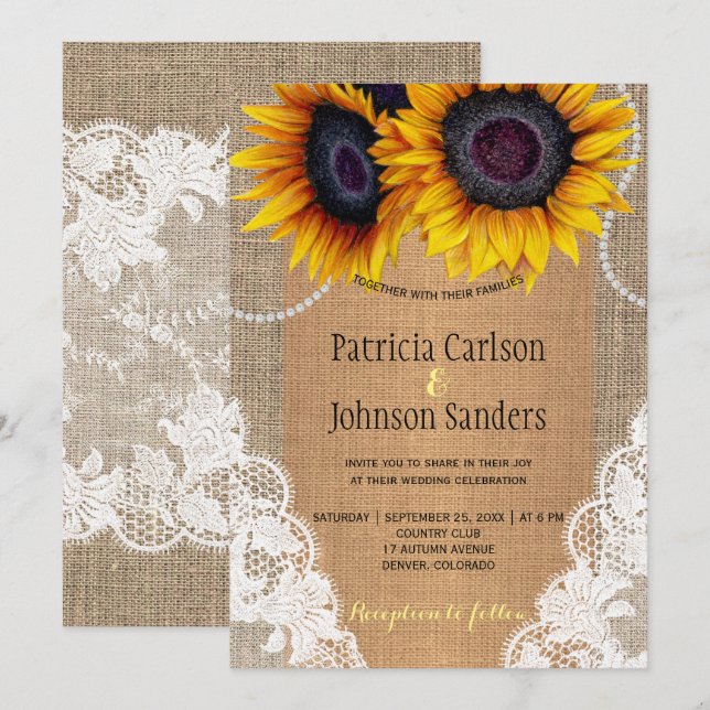 Rustic elegant sunflower burlap and lace wedding invitation (Front/Back)