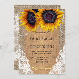 Rustic elegant sunflower burlap and lace wedding invitation