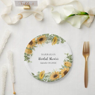 Rustic Elegant Sunflower Eucalyptus Bridal Shower Paper Plates