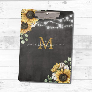 Rustic Elegant Sunflower Eucalyptus Floral Black Clipboard