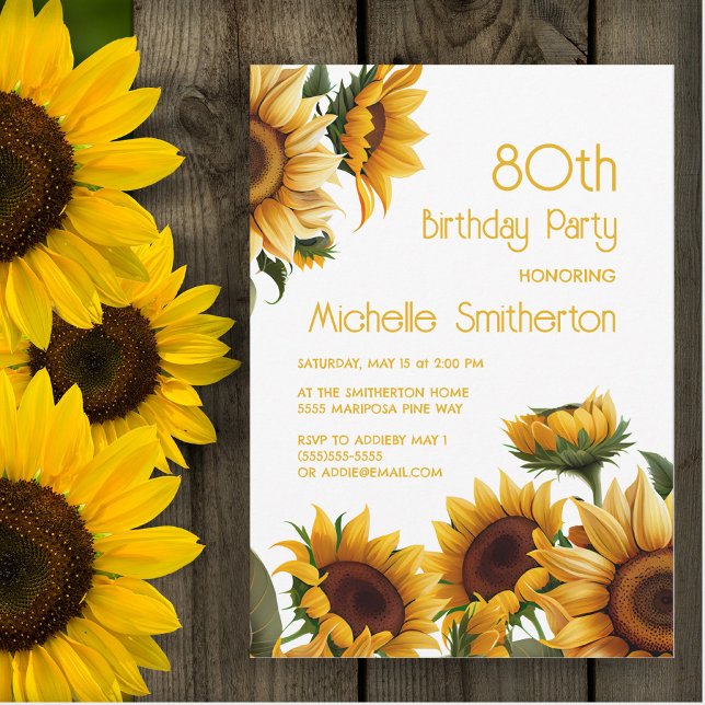 Rustic Elegant Sunflowers 80th Birthday Invitation (Sunflowers on white 80th birthday party invitation)
