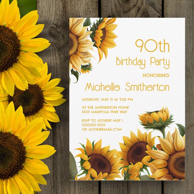 Rustic Elegant Sunflowers 90th Birthday Invitation (Yellow sunflowers on 90th birthday party invitation)