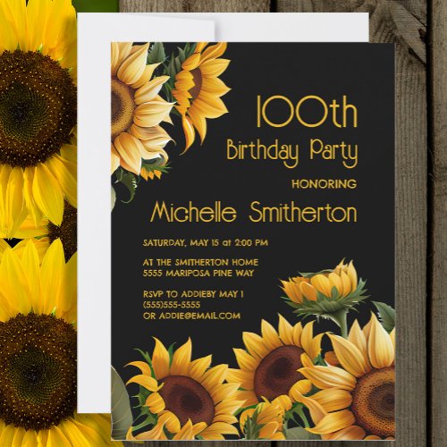 Rustic Elegant Sunflowers Black 100th Birthday Invitation