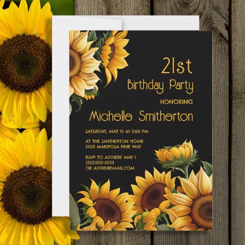 Rustic Elegant Sunflowers Black 21st Birthday Invitation