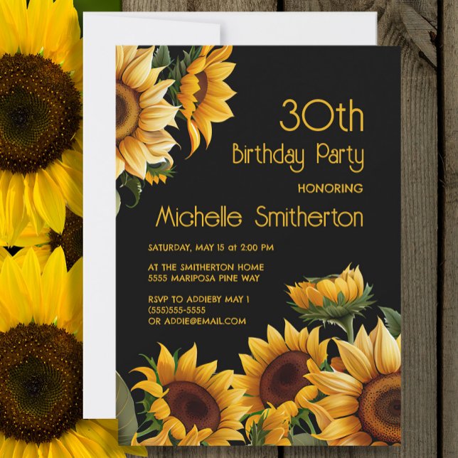 Rustic Elegant Sunflowers Black 30th Birthday Invitation (Sunflowers on black 30th birthday party invitation)