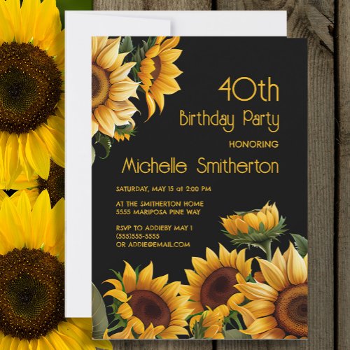 Rustic Elegant Sunflowers Black 40th Birthday Invitation
