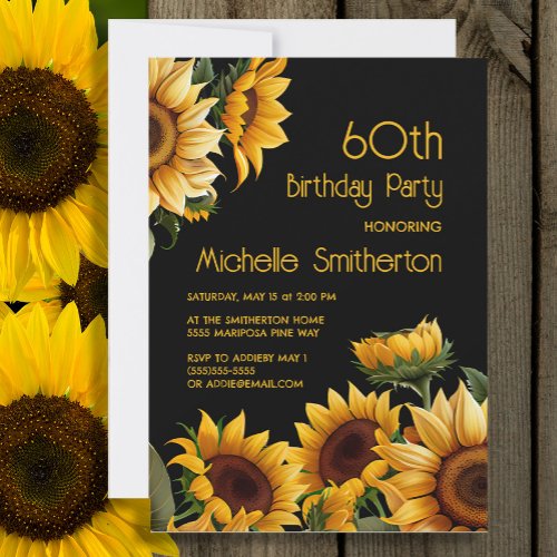 Rustic Elegant Sunflowers Black 60th Birthday Invitation
