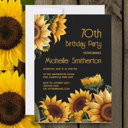 Rustic Elegant Sunflowers Black 70th Birthday Invitation