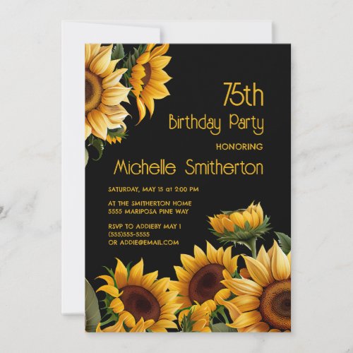 Rustic Elegant Sunflowers Black 75th Birthday Invitation