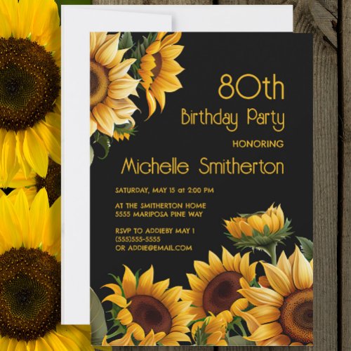 Rustic Elegant Sunflowers Black 80th Birthday Invitation