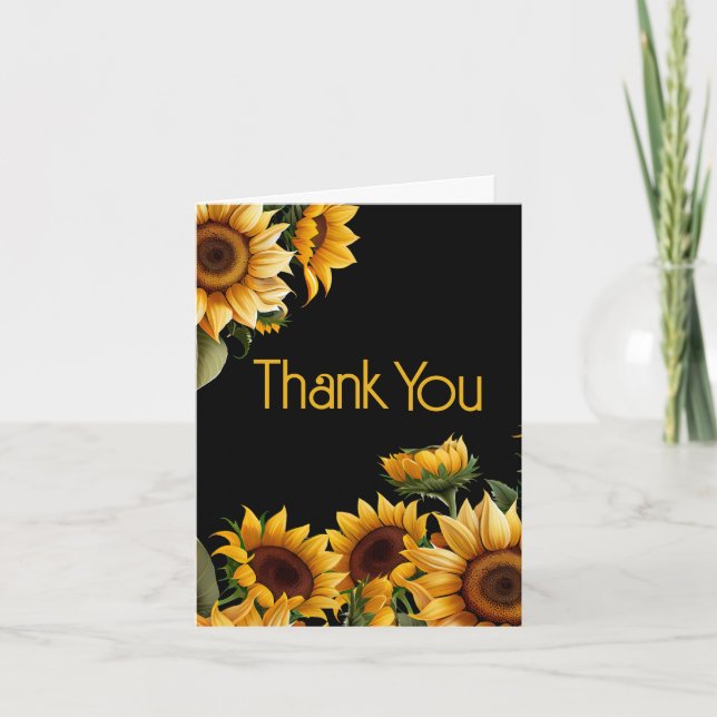 Rustic Elegant Sunflowers Black Birthday Thank You Card (Front)