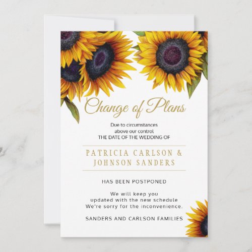 Rustic elegant sunflowers wedding change of plans invitation