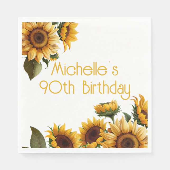 Rustic Elegant Sunflowers White 90th Birthday Napkins (Front)
