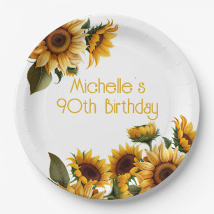 Rustic Elegant Sunflowers White 90th Birthday Paper Plates