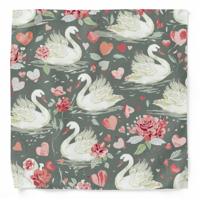 Rustic Elegant Swans & Hearts Elements Pattern Bandana (Front)