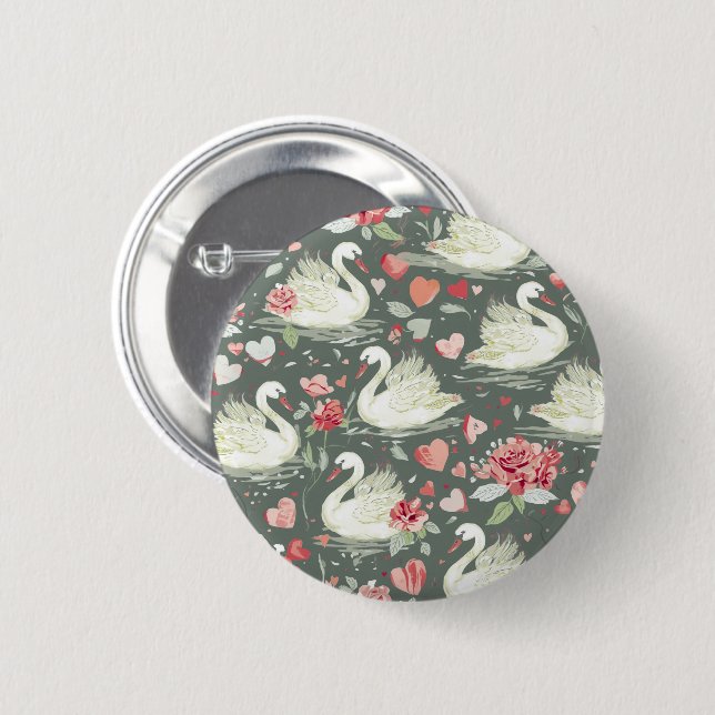 Rustic Elegant Swans & Hearts Elements Pattern Button (Front & Back)