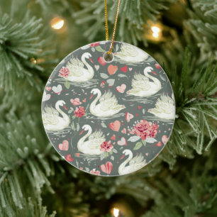 Rustic Elegant Swans & Hearts Elements Pattern Ceramic Ornament