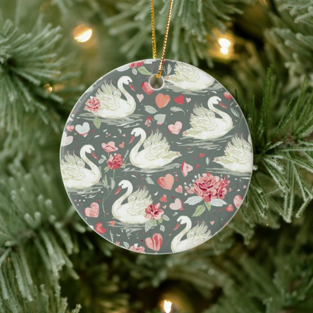 Rustic Elegant Swans & Hearts Elements Pattern Ceramic Ornament (Tree)