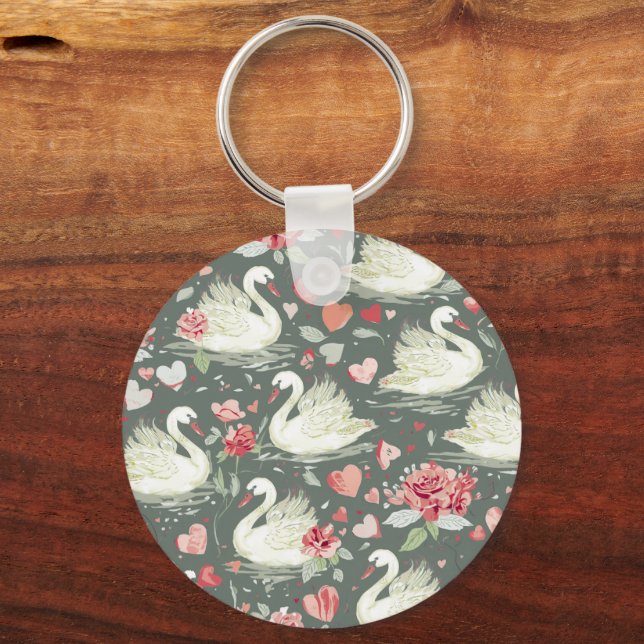 Rustic Elegant Swans & Hearts Elements Pattern Keychain (Front)