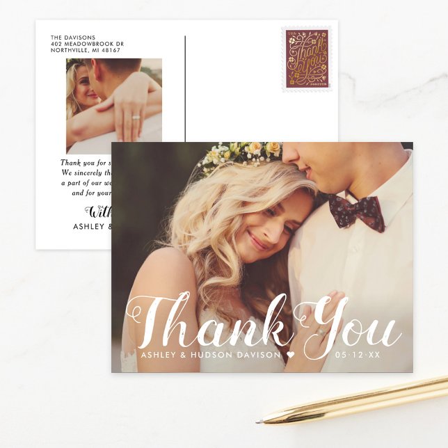 Rustic Elegant Thank You Wedding Photo Postcard (Creator Uploaded)