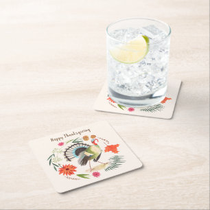 Rustic Elegant Turkey Thanksgiving Botanical Square Paper Coaster
