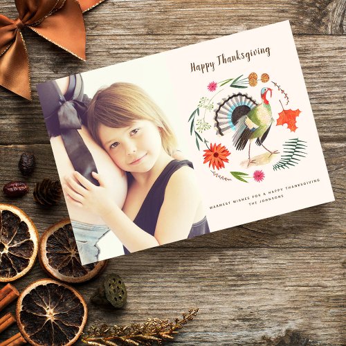 Rustic Elegant Turkey Thanksgiving floral photo Holiday Card