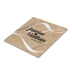 Rustic Elegant Vintage Monogram Burlap Wedding Ceramic Tile