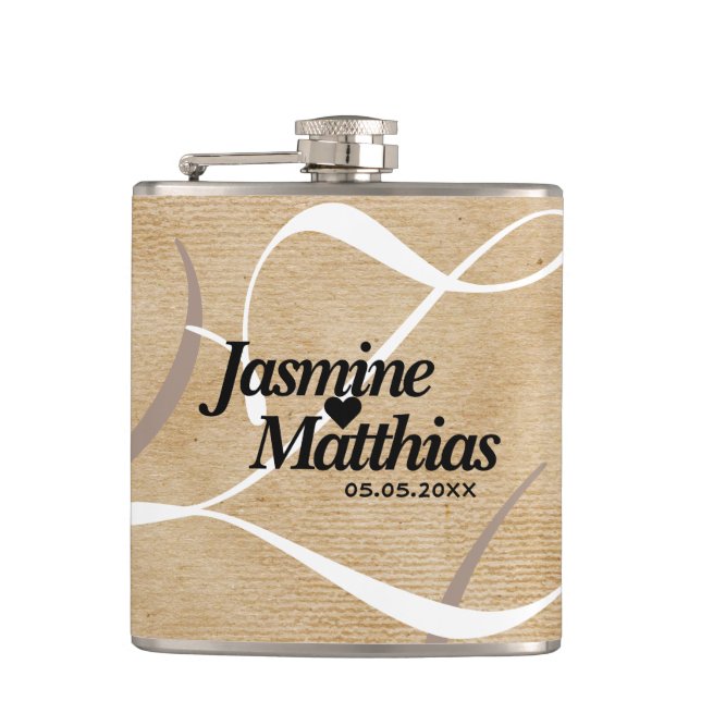 Rustic Elegant Vintage Monogram Burlap Wedding Flask (Front)