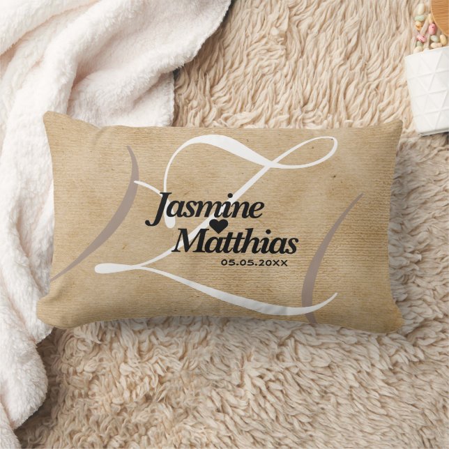 Rustic Elegant Vintage Monogram Burlap Wedding Lumbar Pillow (Blanket)