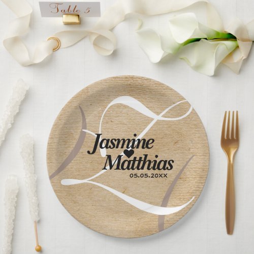 Rustic Elegant Vintage Monogram Burlap Wedding Paper Plates