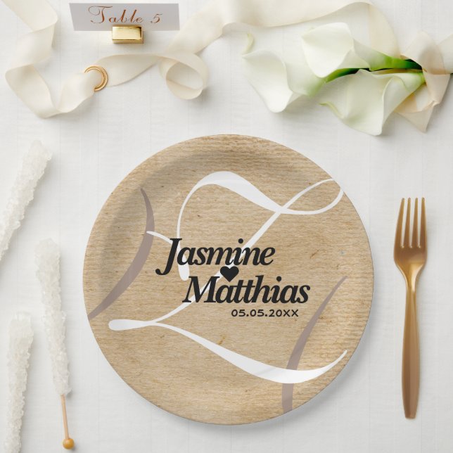 Rustic Elegant Vintage Monogram Burlap Wedding Paper Plates (Wedding)
