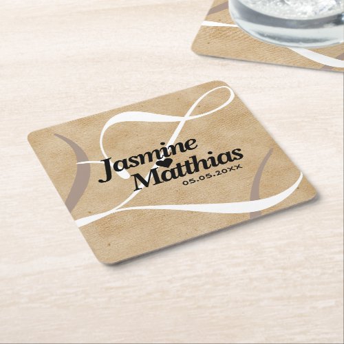 Rustic Elegant Vintage Monogram Burlap Wedding Square Paper Coaster