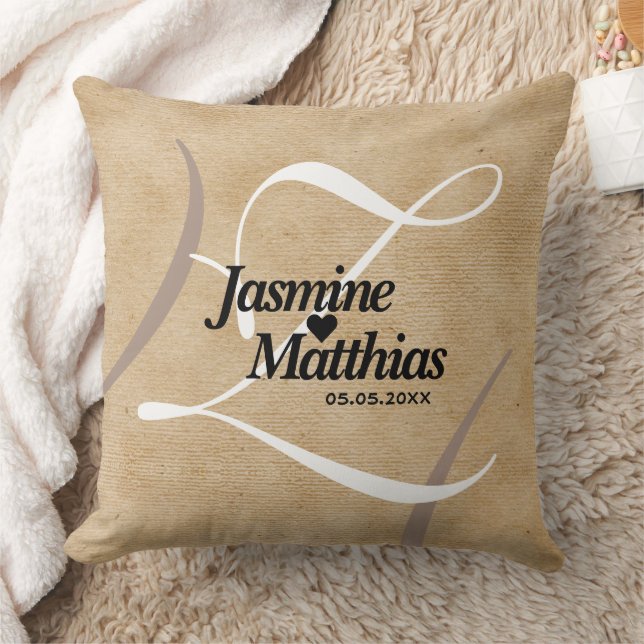 Rustic Elegant Vintage Monogram Burlap Wedding Throw Pillow (Blanket)