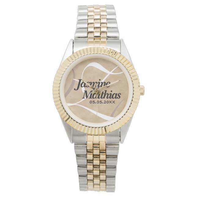 Rustic Elegant Vintage Monogram Burlap Wedding Watch (Front)