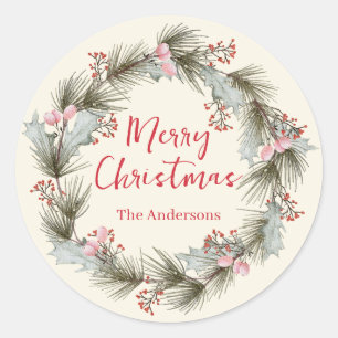 Rustic Elegant Watercolor Christmas Wreath Classic Round Sticker