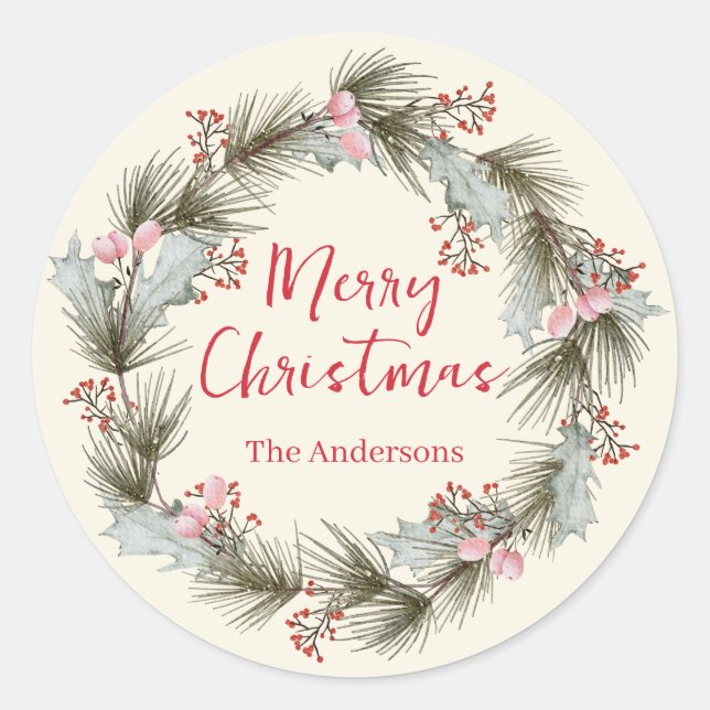 Rustic Elegant Watercolor Christmas Wreath  Classic Round Sticker (Front)