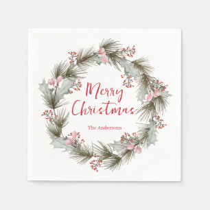 Rustic Elegant Watercolor Christmas Wreath Napkins