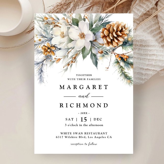 Rustic Elegant Watercolor Floral Winter Wedding Invitation (Creator Uploaded)