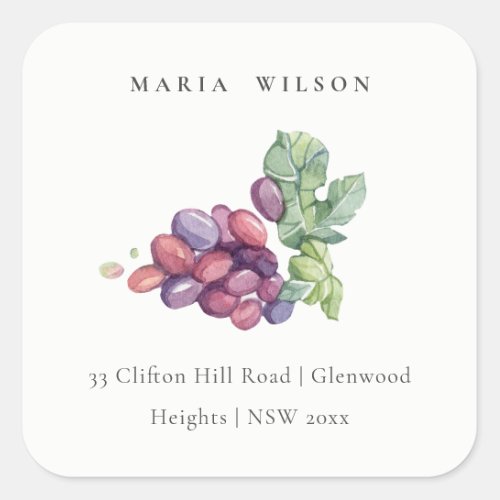 Rustic Elegant Watercolor Grape Foliage Address Square Sticker