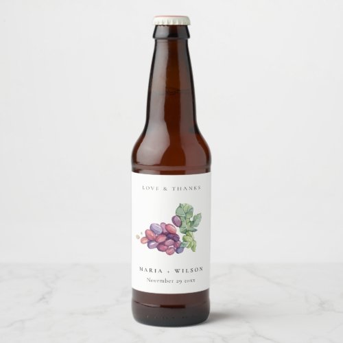 Rustic Elegant Watercolor Grape Foliage Wedding Beer Bottle Label
