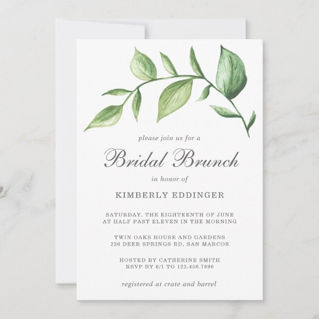 Rustic Elegant Watercolor Greenery Bridal Brunch Invitation (Front)