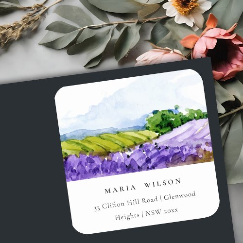 Rustic Elegant Watercolor Lavender Fields Address Square Sticker