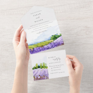 Rustic Elegant Watercolor Lavender Fields Wedding All In One Invitation