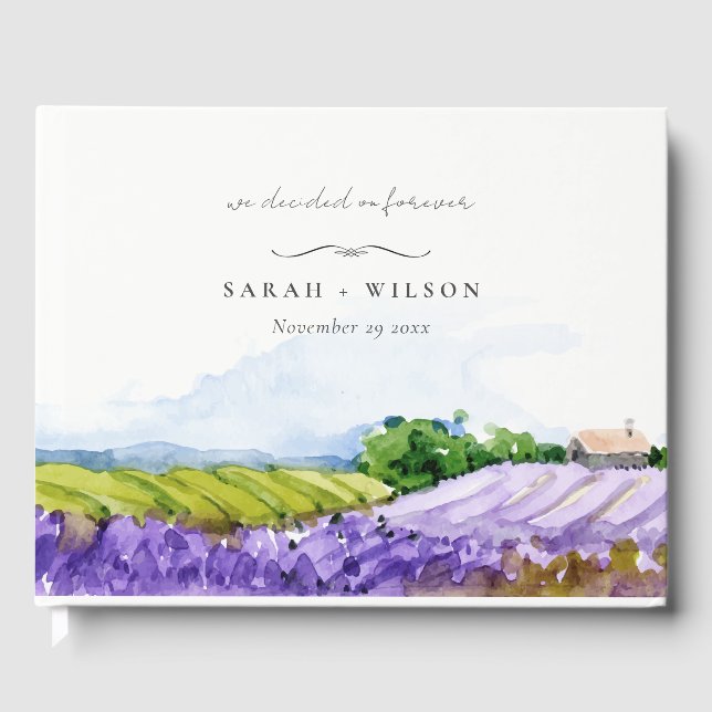 Rustic Elegant Watercolor Lavender Fields Wedding Guest Book (Front)
