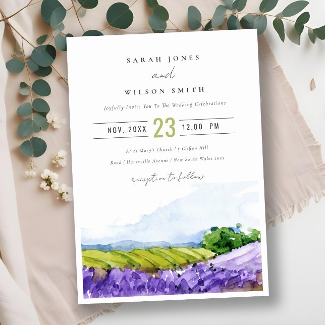 Rustic Elegant Watercolor Lavender Fields Wedding Invitation (Creator Uploaded)