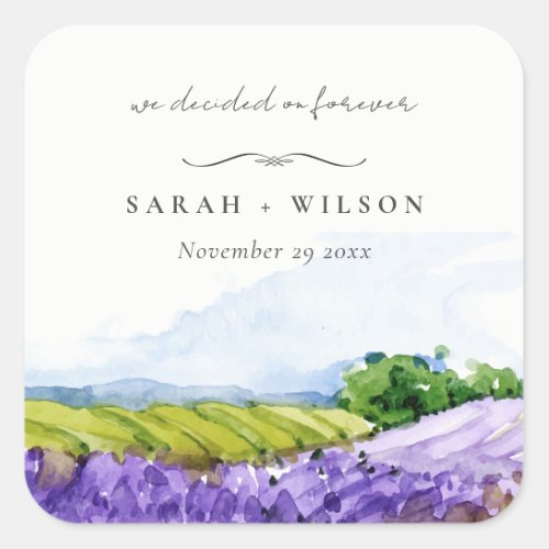 Rustic Elegant Watercolor Lavender Fields Wedding Square Sticker