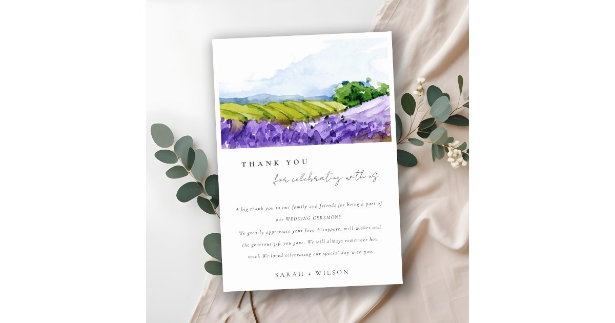 Rustic Elegant Watercolor Lavender Fields Wedding Thank You Card | Zazzle